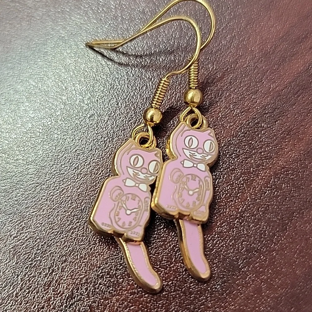 Vintage Kit Cat Klock Clock Pink Earrings Kitty Cat swinging tail Hypoallergenic - Picture 5 of 5